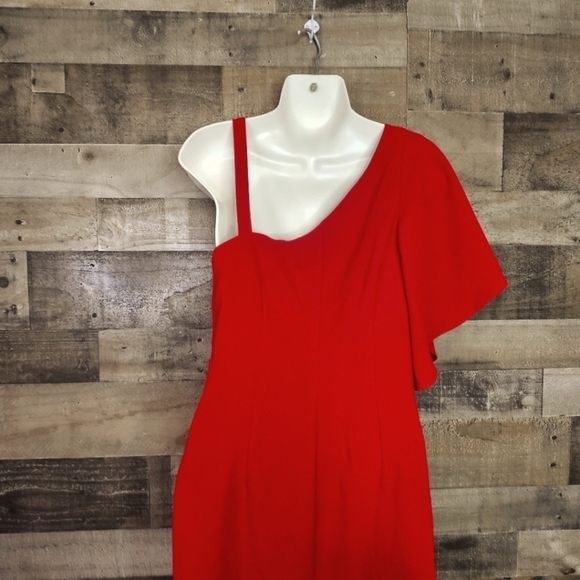 Trina Turk Upbeat One Flounce Shoulder Sheath Dress In Sangria - Picture 6 of 9
